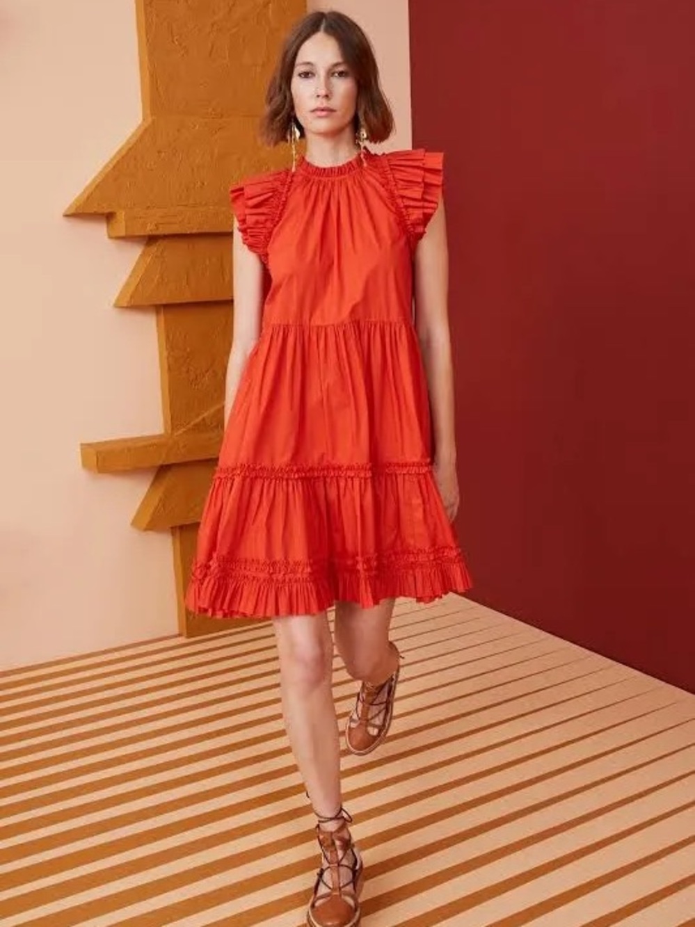 Joan Ruffle Dress in Bright Orange A-line Tiered Mini with  by Willa Story Sz XS